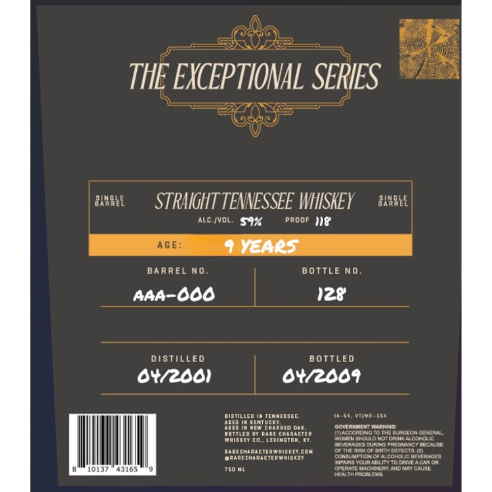 Rare Character The Exceptional Series 9 Year Old Tennessee Whiskey Tennessee Whiskey Rare Character Whiskey 