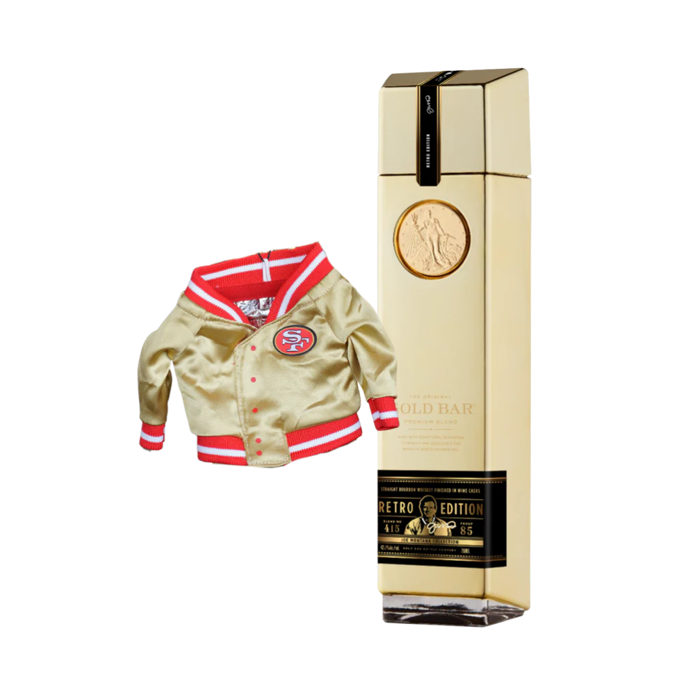 Gold Bar Whiskey Joe Montana Retro Edition 49ers Can Koozie Jacket American Whiskey Gold Bar 